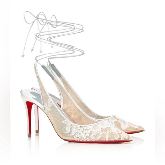 CHRISTIAN LOUBOUTIN White Kate Lace Pumps Size 38 US 8 Lace Up Satin Trim Heels - Picture 15 of 15